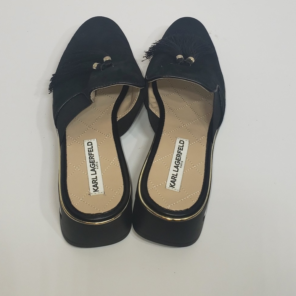 Karl Lagerfeld Black Suede Open Back Shoes Sz 10M - Picture 2 of 7